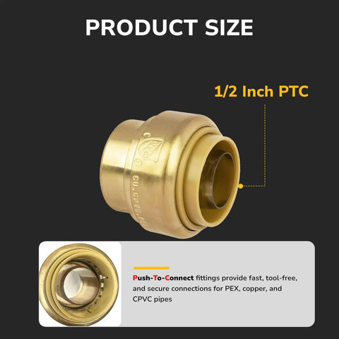 1/2 Inch Push Fit End Cap For Copper CPVC And PEX Pipes Brass Plumbing Fitting With Upgraded Stiffener, No Tools Needed, Product Size