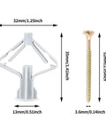 Heavy Duty Butterfly Drywall Anchors Kit With Self Drilling Screws Knockout Hollow Wall Fasteners For No Sweat Setup Using Ribbed Nylon Tubes On Interior Plasterboard Panels showing anchor and screw dimensions.