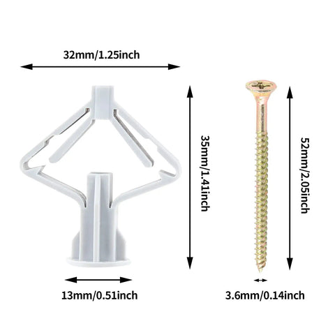 Heavy Duty Butterfly Drywall Anchors Kit With Self Drilling Screws Knockout Hollow Wall Fasteners For No Sweat Setup Using Ribbed Nylon Tubes On Interior Plasterboard Panels showing anchor and screw dimensions.