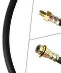 Close-up of Universal 18-Inch Rubber Brake Hose, 3/8-24 External To 3/8-24 Internal Threads, black hydraulic line, connectors visible.