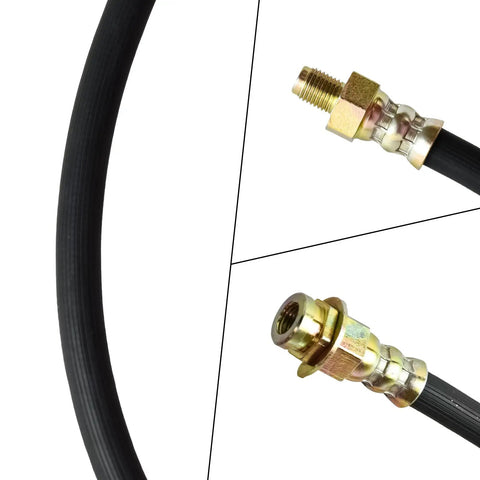 Close-up of Universal 18-Inch Rubber Brake Hose, 3/8-24 External To 3/8-24 Internal Threads, black hydraulic line, connectors visible.