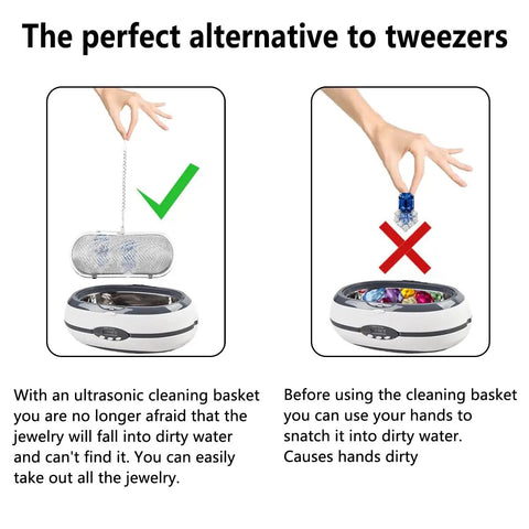 Comparative image showing Heavy Duty Stainless Steel Ultrasonic Cleaning Baskets With Bulletproof Fine Mesh Bottoms for secure tiny parts.