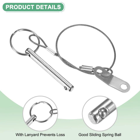 Two Pack Quick Release Pins Quarter Inch Diameter Fifty Millimeter Long With Lanyard And Screws For Marine Shipbuilding Boat Trailer Bimini Top Heavy Duty Hardware Multipurpose Pin Set