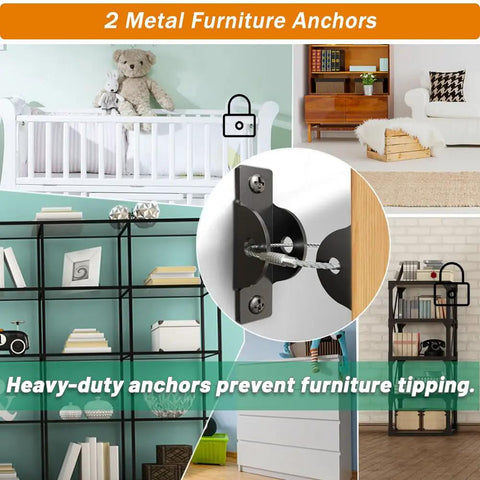 All In One Baby Proofing Kit With 60 Pack Home Safety Essentials Including Invisible Cabinet Locks Corner Protectors Outlet Covers Furniture Anchors And Door Straps For Full House Kid Proofing And Peace Of Mind showing metal furniture anchors preventing tipping