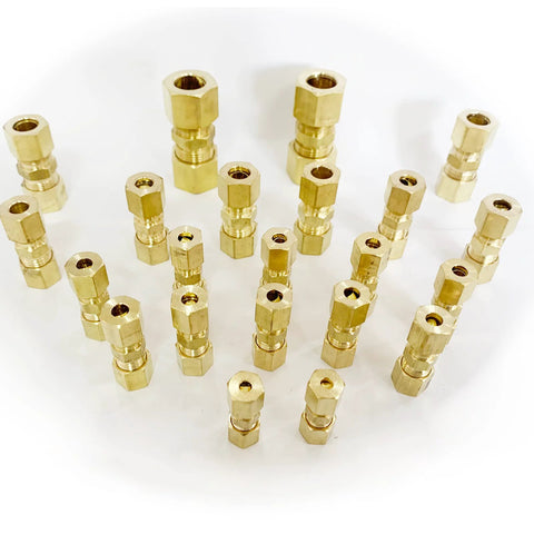 Brass compression tube fittings assortment, 22 pieces with comp union couplings in sizes 1/8–1/2 in.