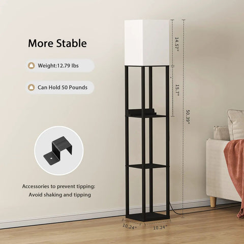 Floor Lamp With Shelves Three Tier Wooden Display Shelves USB Ports And Power Outlet Dimmable LED With 3 Color Temperatures