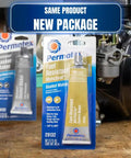 MotoSeal 1 Ultimate Gasket Maker Grey 2.7 oz tube next to engine, new package design shown.