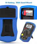 Capacitor Tester And Digital Multimeter Capacitance Meter 200pF To 20mF handheld with backlight, battery compartment and stand mount