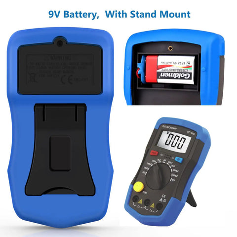 Capacitor Tester And Digital Multimeter Capacitance Meter 200pF To 20mF handheld with backlight, battery compartment and stand mount