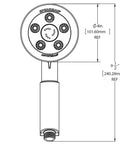Diagram of Neo Anystream High Pressure Handheld Shower Head With Hose In Polished Chrome 2.5 GPM 360 Degree Spray Modes, dimensions shown