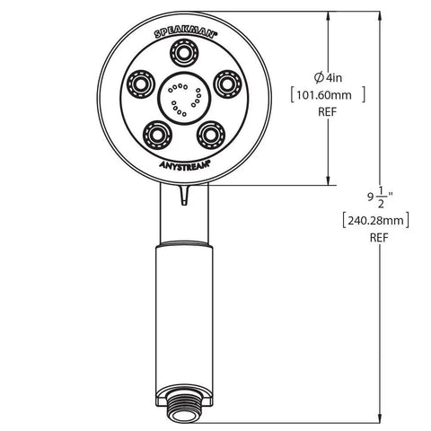 Diagram of Neo Anystream High Pressure Handheld Shower Head With Hose In Polished Chrome 2.5 GPM 360 Degree Spray Modes, dimensions shown