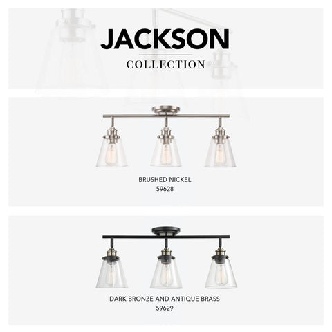 Vintage Inspired Dope Brushed Nickel Three Light Track Lighting With Pivoting Heads And Clear Glass Shades For Industrial Farmhouse Coastal Spaces Bulb Not Included. Jackson Collection brushed nickel and dark bronze with antique brass finish track lights.