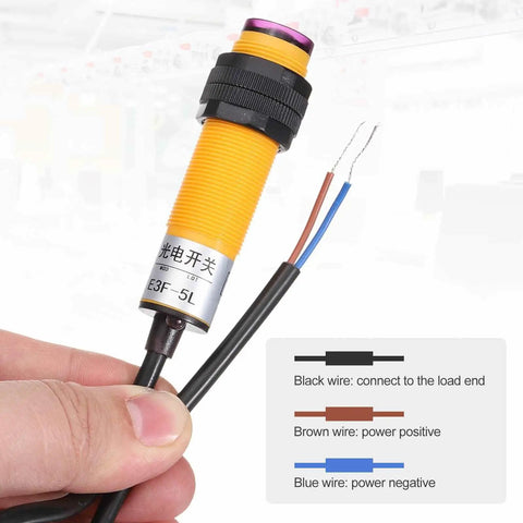 Close-up of Dope Through Beam M18 Photoelectric Sensor Kit 2 Pack, 10-30V DC, with wires labeled black, brown, and blue for connectivity.
