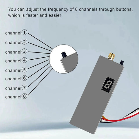 Triple FPV VTX Transmitter 1.2G 1.3G 1.6W For Long Range Drones, showing 8 channel control with metal shell.