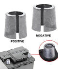 Heavy Duty Battery Terminal Connectors For Top Post Cars Positive And Negative Cable Clamps Galvanized Steel Rust Proof Build close-up of connectors on battery.