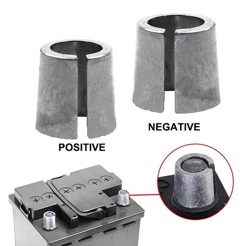 Heavy Duty Battery Terminal Connectors For Top Post Cars Positive And Negative Cable Clamps Galvanized Steel Rust Proof Build close-up of connectors on battery.