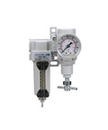 Front view of SAU220T N02G MEP Mini All In One Compressed Air Filter Regulator Combo One Quarter Inch NPT with metal bowl and gauge.