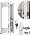 White Sliding Glass Door Handle Set With Sturdy Latch And No Hassle Install For All Standard Patio Doors showing key and hardware.
