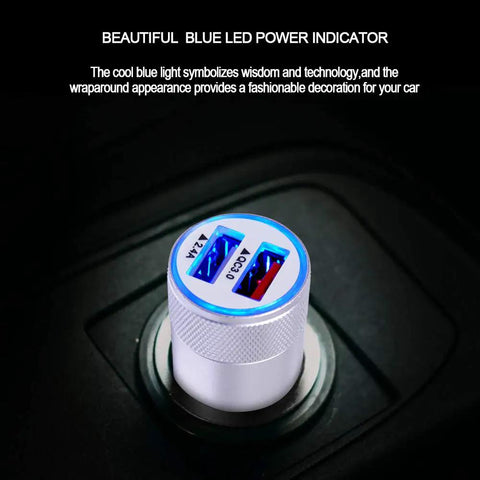 Heavy Duty Fast Charging Gear Featuring Quick Charge 3.0 Wall Plug And Snappy Car Adapter showing dual USB ports and blue LED indicator.