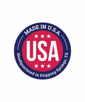 Circular 'Made in U.S.A.' logo with stars and text 'Headquartered in Dripping Springs, TX' in blue and red colors.