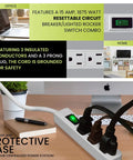 Travel Ready 2.5Ft 3 Outlet Power Strip With Right Angled Plug And Circuit Breaker Ultra Durable Compact Design For Home Or On The Go Fits Tight Spaces Behind Furniture Model GG13002MS UL Listed in office setup. 