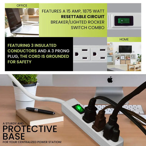 Travel Ready 2.5Ft 3 Outlet Power Strip With Right Angled Plug And Circuit Breaker Ultra Durable Compact Design For Home Or On The Go Fits Tight Spaces Behind Furniture Model GG13002MS UL Listed in office setup. 