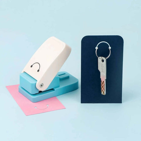 3 In 1 Hangtag Punch Kit with Portable Hole Punch and Rounded Corner Cutter shown with sample keychain display card