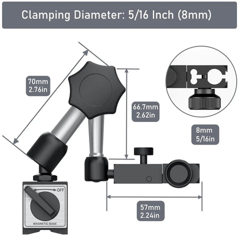 Digital Dial Indicator Gauge With Magnetic Base Stand For Precise Machining And QC, showing clamping diameter and dimensions