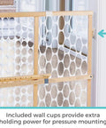 Wooden Baby Gate With Mesh For Doorways, Quick Fit Pressure Mounted, showing wall cups and mesh design in a doorway setup.