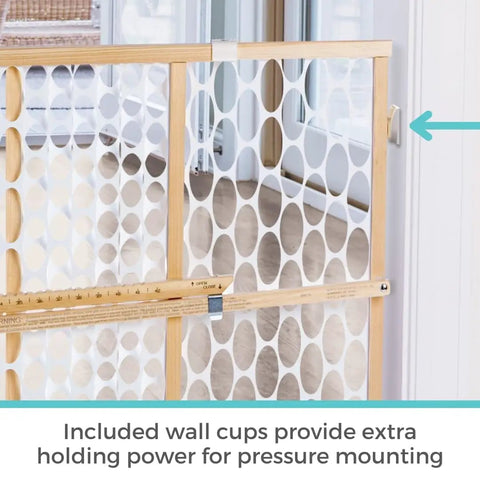 Wooden Baby Gate With Mesh For Doorways, Quick Fit Pressure Mounted, showing wall cups and mesh design in a doorway setup.