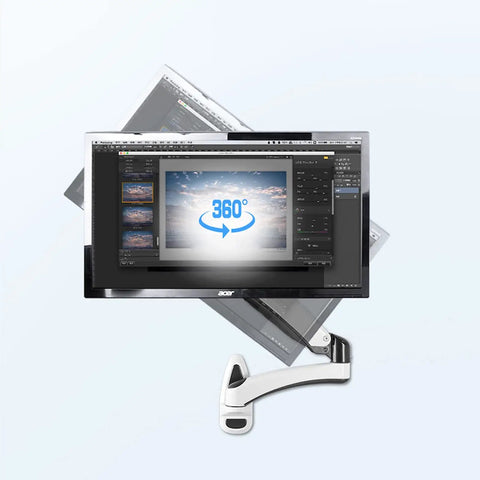 Desk Clearing Wall Mount Monitor Arm With Butter Smooth Mechanical Spring Adjustment Fits 12 To 27 Inch Screens shown with a 360-degree swivel.
