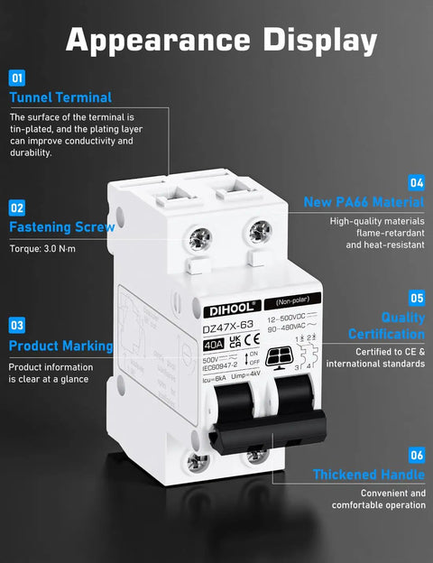Solar Disconnect Switch 40 Amp Two Pole DIN Rail Mount Non Polarized Circuit Breaker For AC DC with features