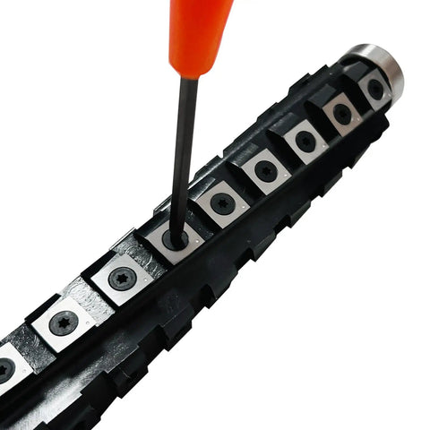 Close-up of 13 Inch Spiral Helical Cutterhead Upgrade For DeWalt DW735 DW735X Planer With Preinstalled Bearings, Staggered Carbide Inserts
