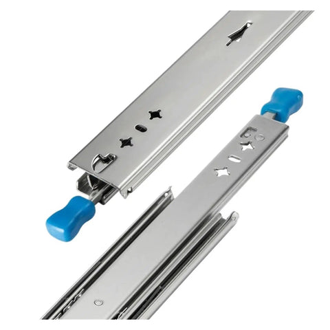 Real Deal Heavy Duty Full Extension Side Mount Drawer Slides One Pair Locking 53Mm Ball Bearing, showcasing blue pull handles and smooth gliding mechanism.