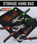 Image of 3 Pack 10 Inch Aviation Tin Snips Set for Sheet Metal Cutting with a storage hang bag, showing straight, left and right cuts.