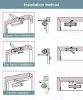 Installation methods for Silent Glide Hydraulic Door Closer showing regular arm, top jamb, and parallel installations.
