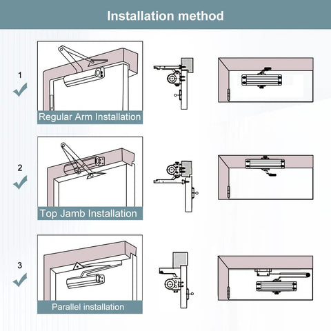 Installation methods for Silent Glide Hydraulic Door Closer showing regular arm, top jamb, and parallel installations.