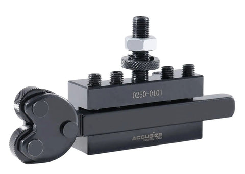 Front view of 11 Piece AXA Wedge Type Quick Change Lathe Tool Post Set for 6 to 12 Inch Swing, includes knurling holders.