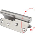 Stainless Steel Door Hinges 6 Pack 3.5 Inch H Shape Lift Off, removable pin shown rotating 345 degrees, brushed finish.