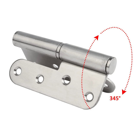 Stainless Steel Door Hinges 6 Pack 3.5 Inch H Shape Lift Off, removable pin shown rotating 345 degrees, brushed finish.