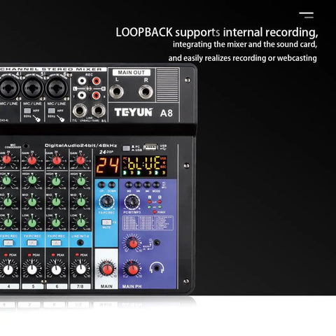 Close-up of 8 Channel Portable Mixer With Built-In ARM Core Processor USB Computer Input 48V Phantom Power Studio-Grade Sound Console