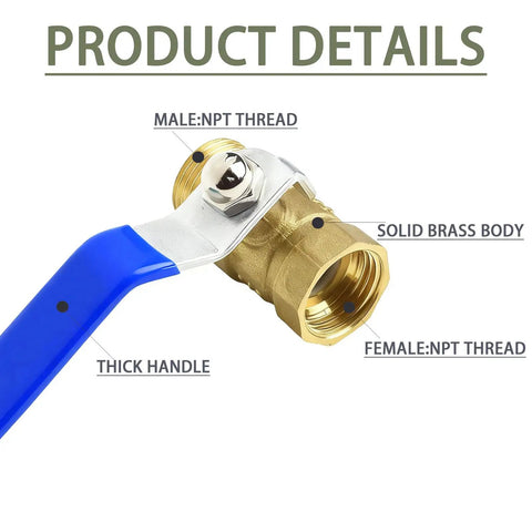 Close-up of 1/2 inch forged brass ball valve with male to female NPT thread, thick handle, and solid brass body