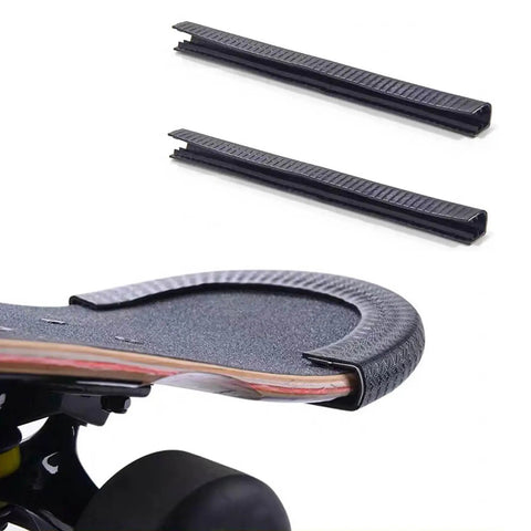 Skateboard deck guards and edge protector for longboards durable bumper strip with shock absorbing rubber cover, shown on board tail