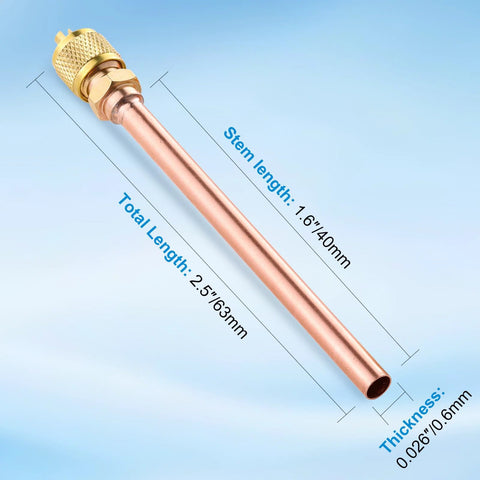 Side view of copper service valve stem with brass fitting; 2.5in overall, 1.6in stem, 1/4in SAE x 1/4in OD (20pc)