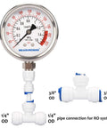 MEASUREMAN RO pressure gauge, front view, 2.5" dial, lead-free glycerin-filled, 0-220 psi, with 1/4" OD tubing adapters