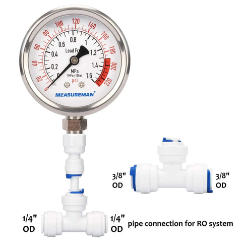 MEASUREMAN RO pressure gauge, front view, 2.5" dial, lead-free glycerin-filled, 0-220 psi, with 1/4" OD tubing adapters