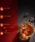Image showcasing Portable Countertop Ice Maker Machine Rapid Six Minute Freeze with bullet ice in a drink and one-click setup features.