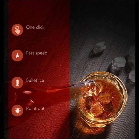 Image showcasing Portable Countertop Ice Maker Machine Rapid Six Minute Freeze with bullet ice in a drink and one-click setup features.