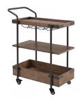 No Sweat Solid Three Tier Industrial Storage Serving Cart With Smooth Rollers, Vintage Brown wood and metal design, three shelves.