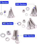 Glarks stainless steel flat-hex head screw assortment for M3–M6 with nuts, washers and flat gaskets